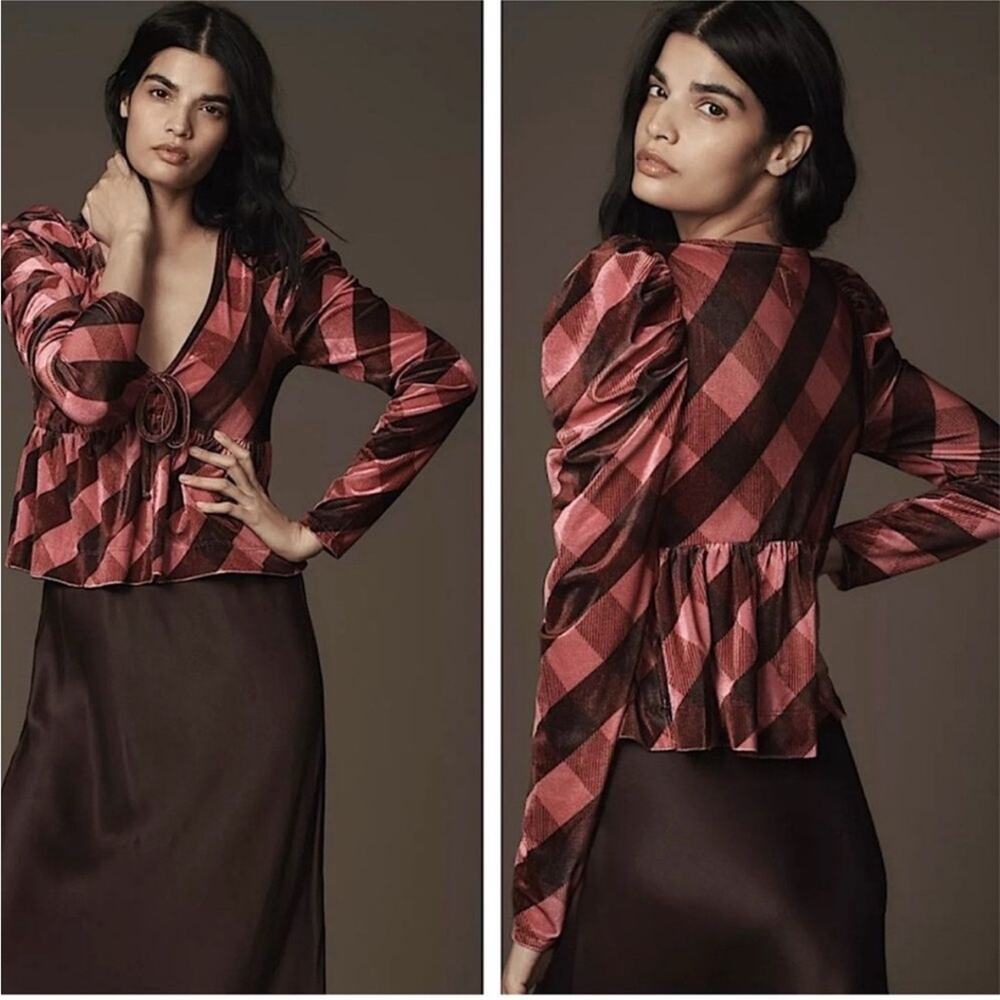NEW Anthropologie Maeve Plaid Velvet Babydoll Top in Pink/Rose Womens Medium